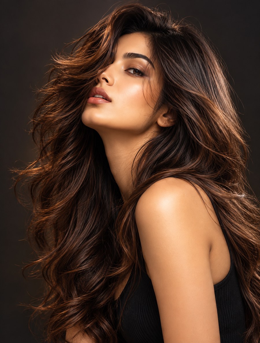 Model with long, glossy, flowing brunette hair